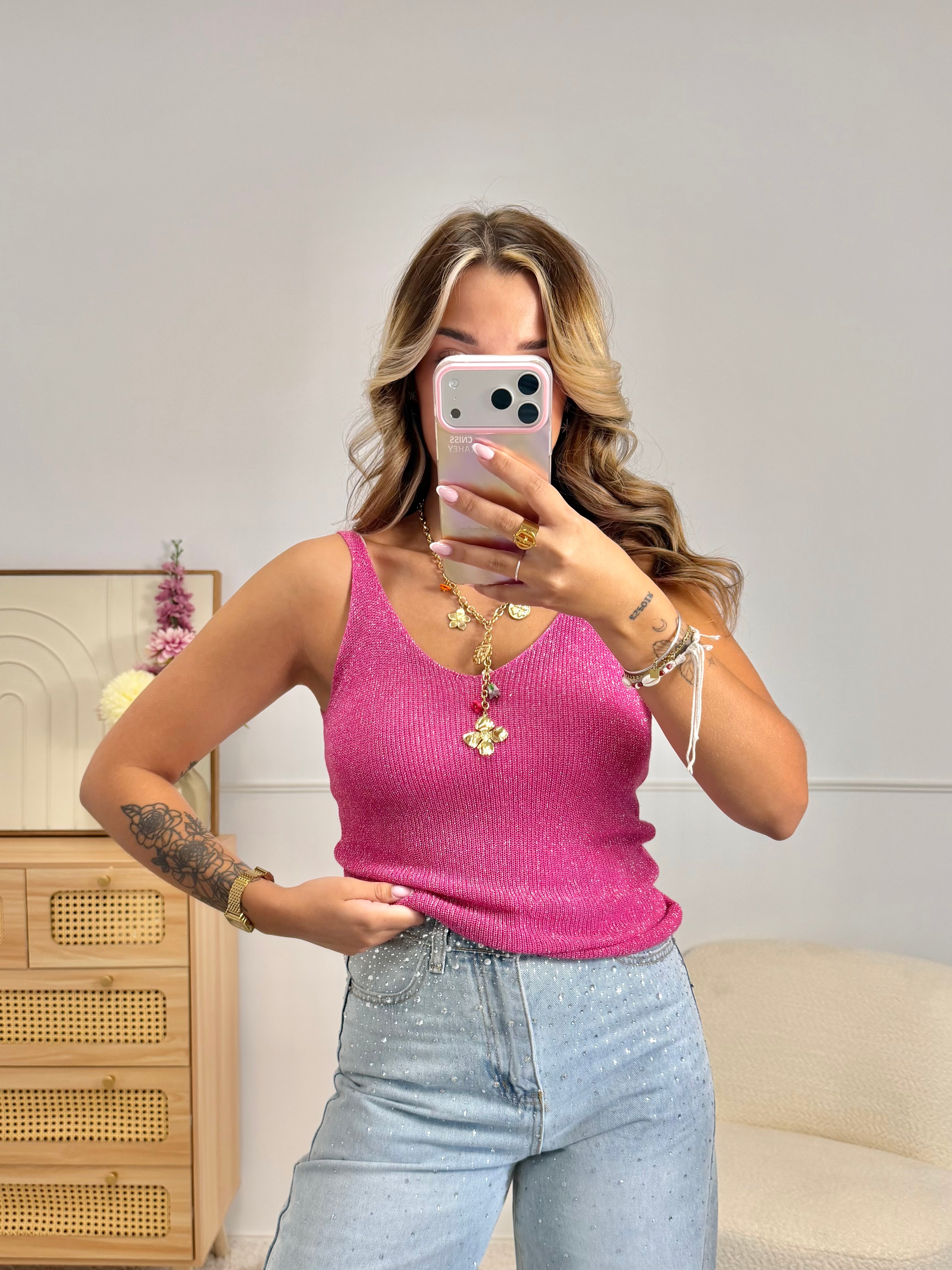 Top Maille Brillantes Fuschsia