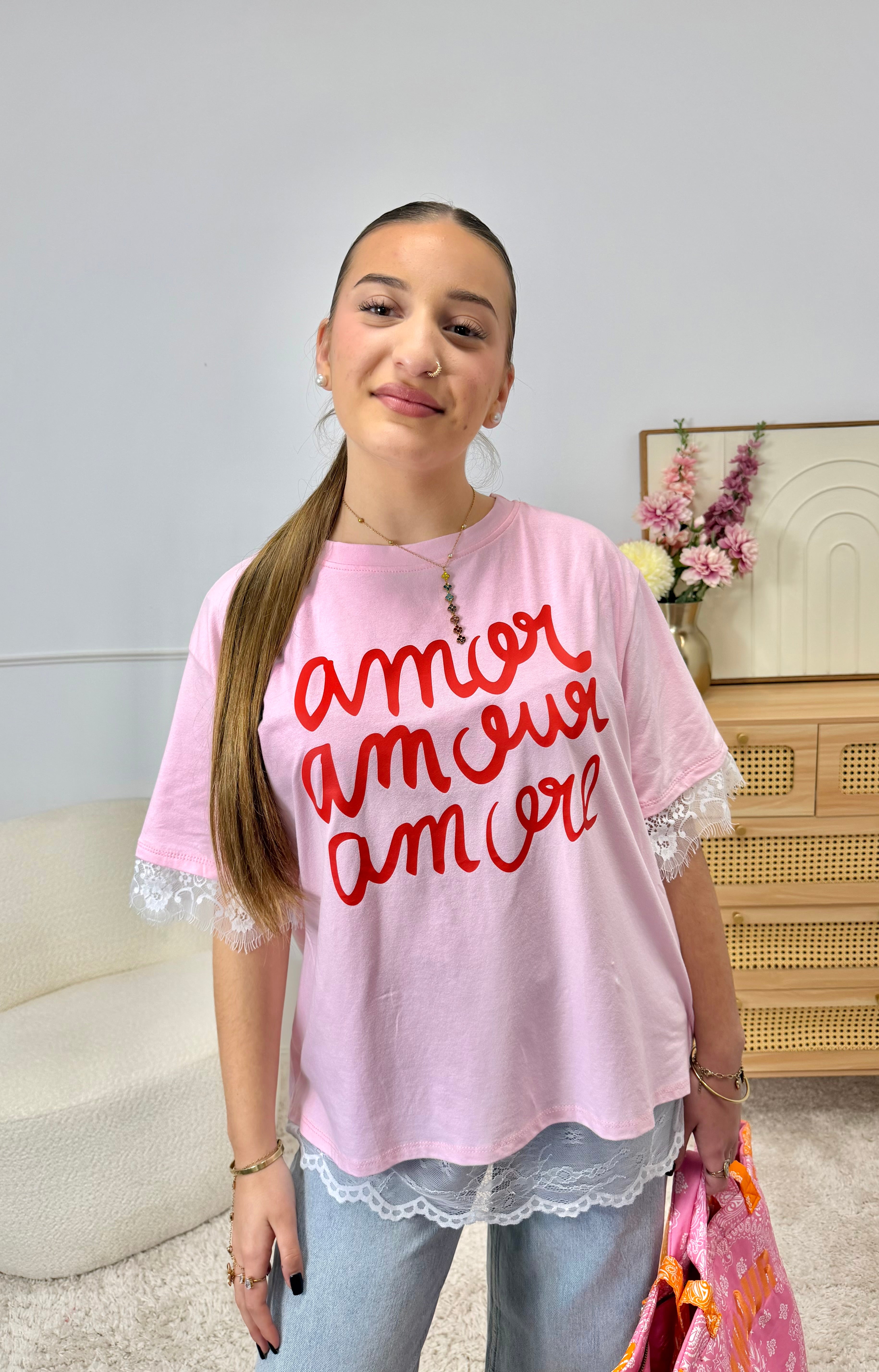 T-Shirt AMOUR dentelle Rose