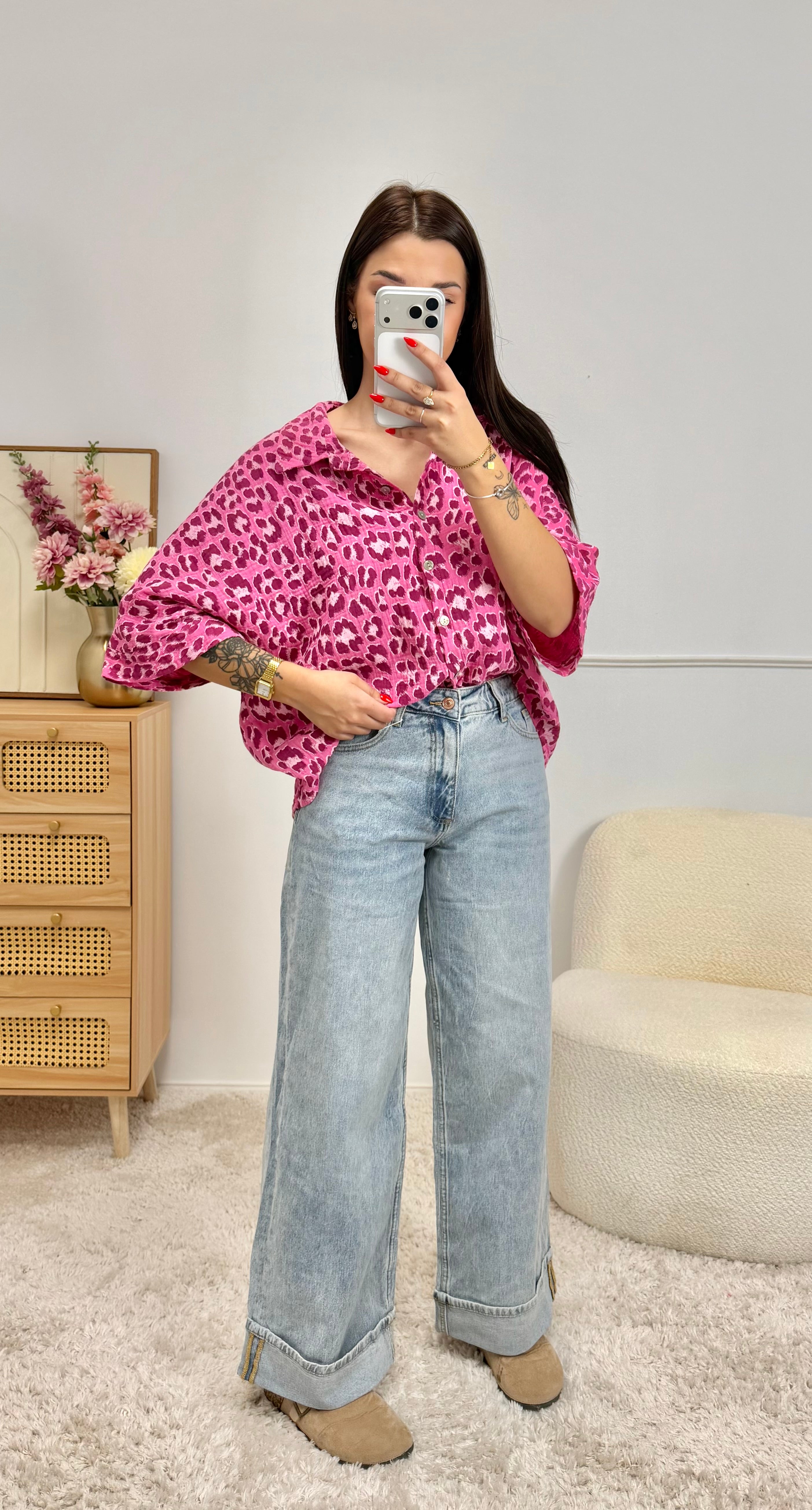 Chemise 100% Coton Léopard Rose