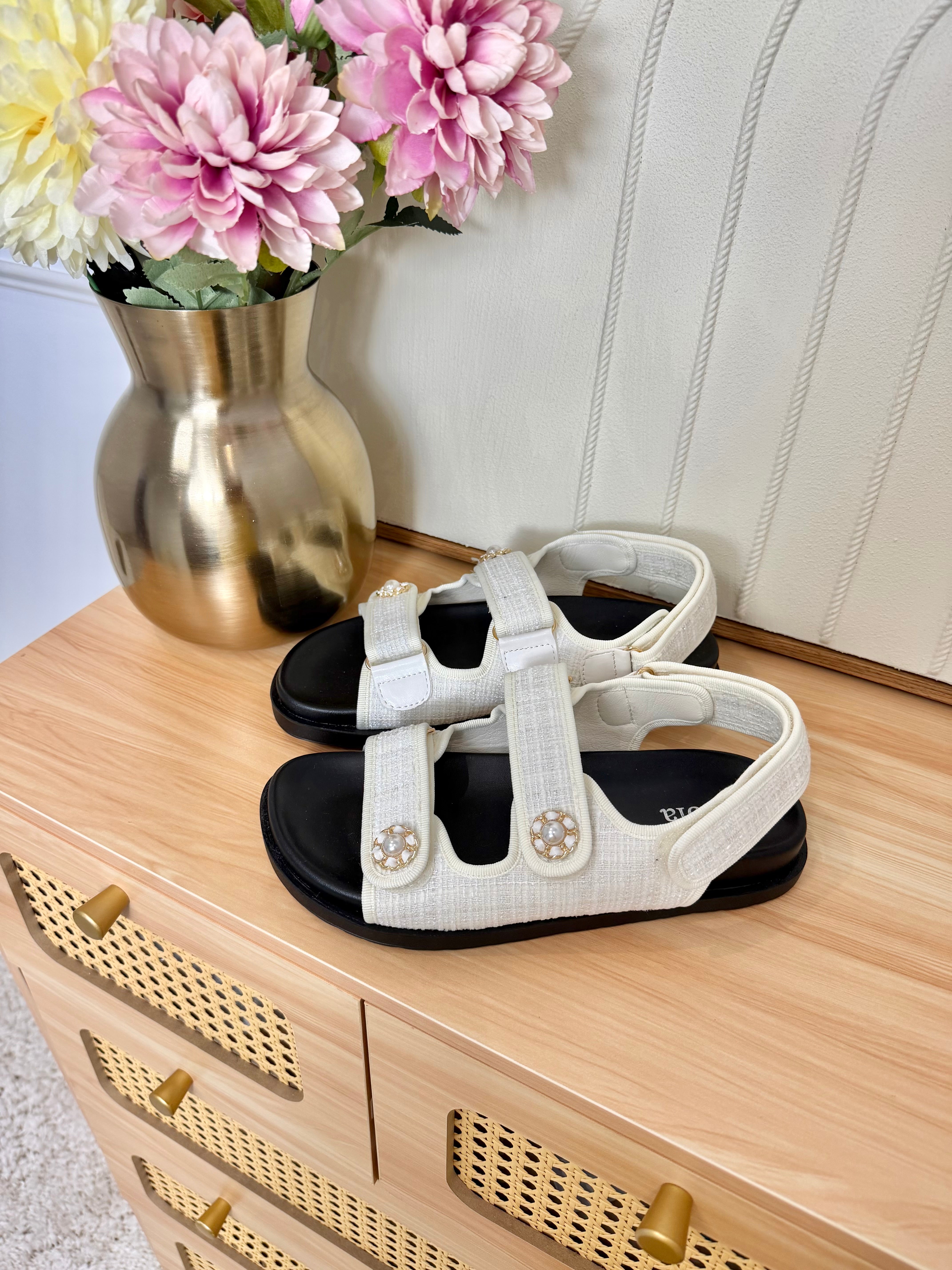 Sandales Plates Tweed Beige