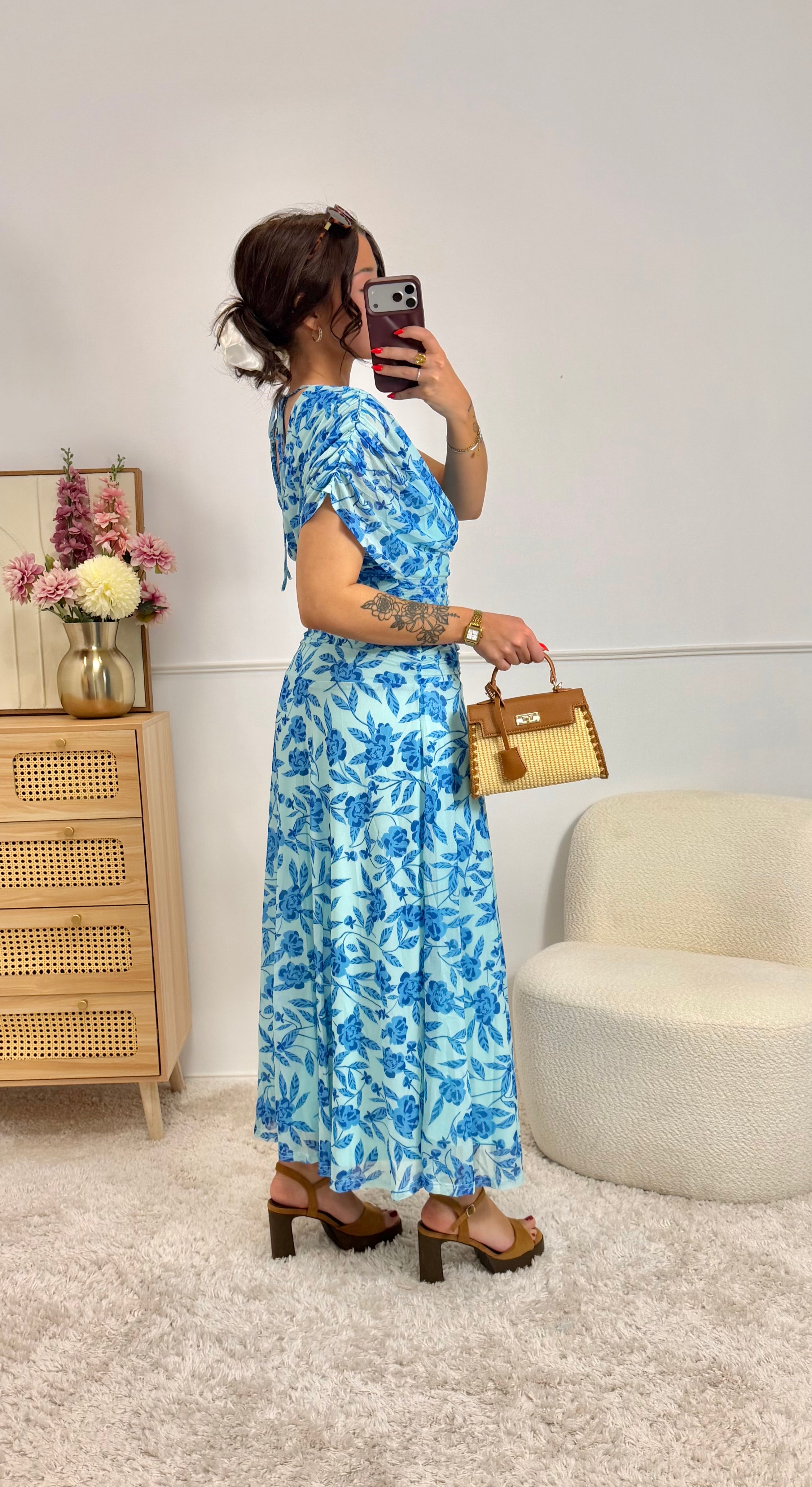 Robe Fleurie Froncés Bleu