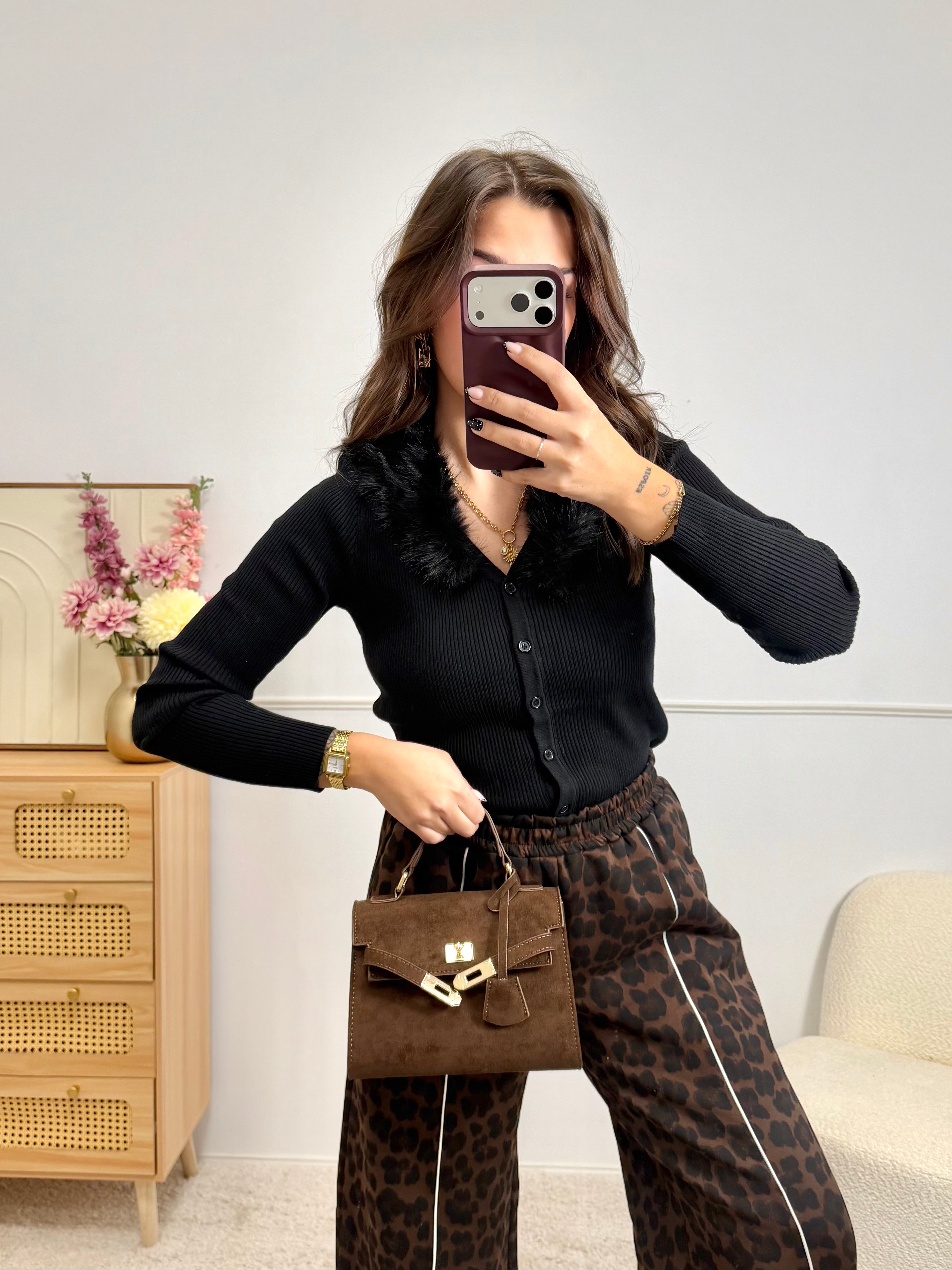 Gilet Col Fausse Fourrure Noir