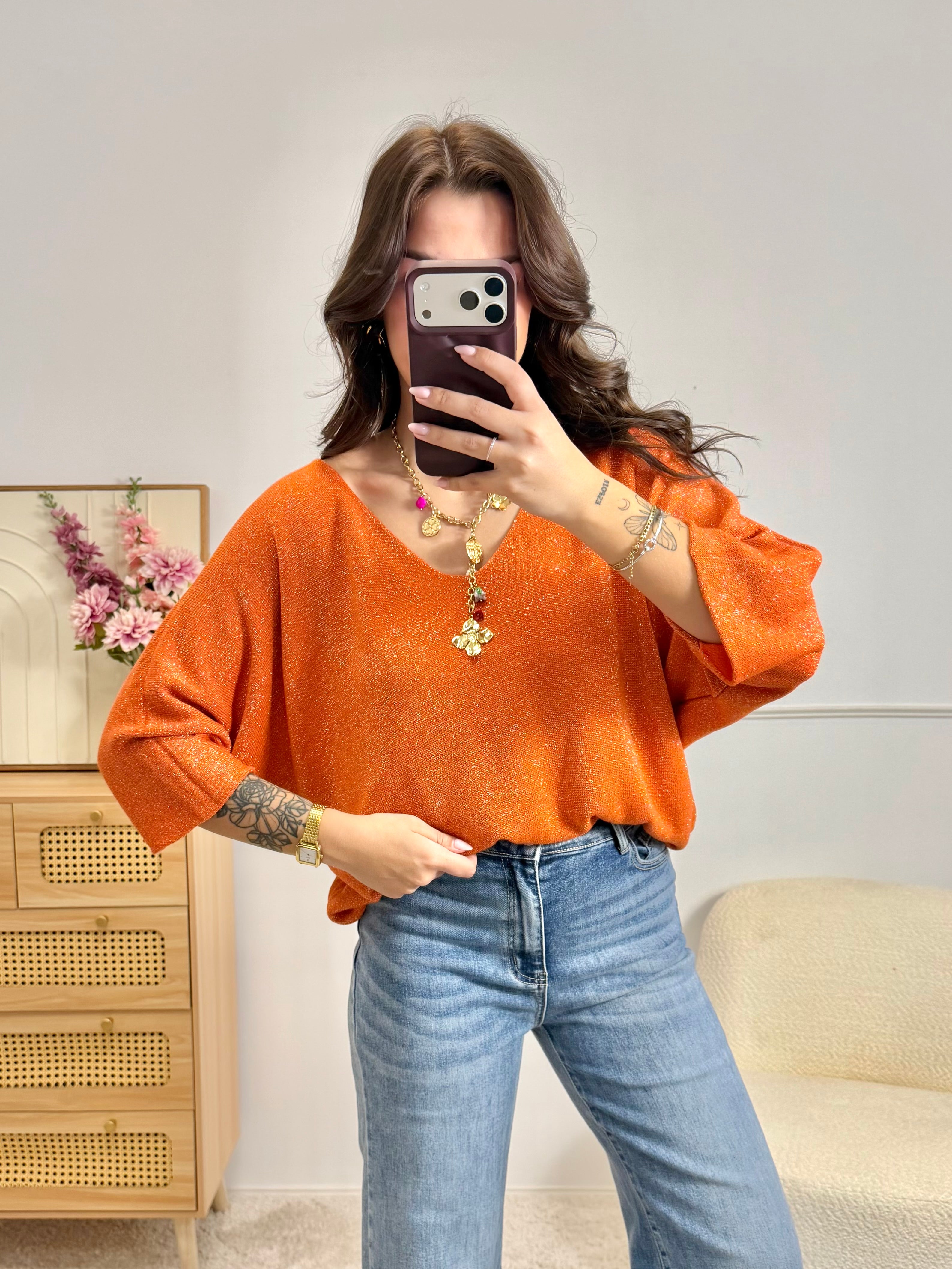 Pull Fin Pailletée Orangé