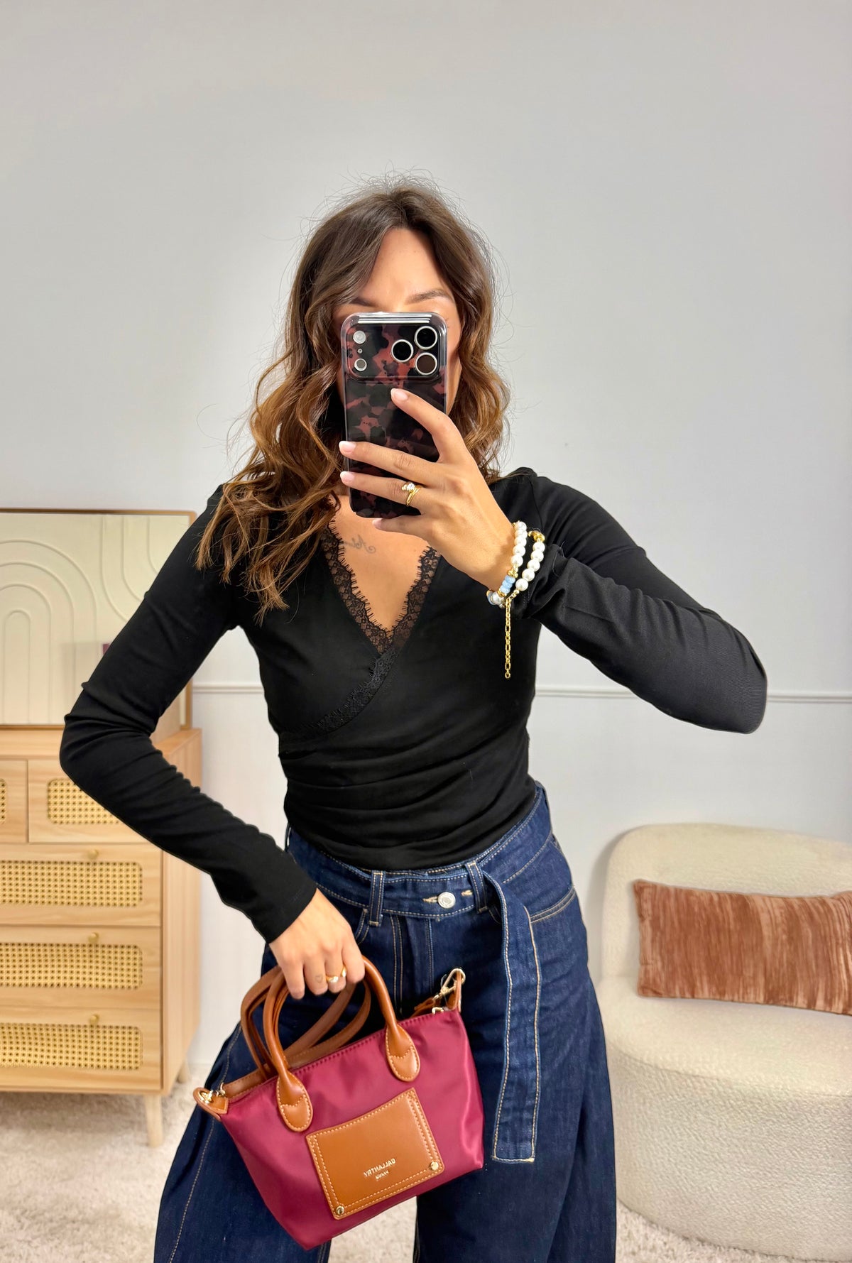 Top manches longues en dentelle Noir