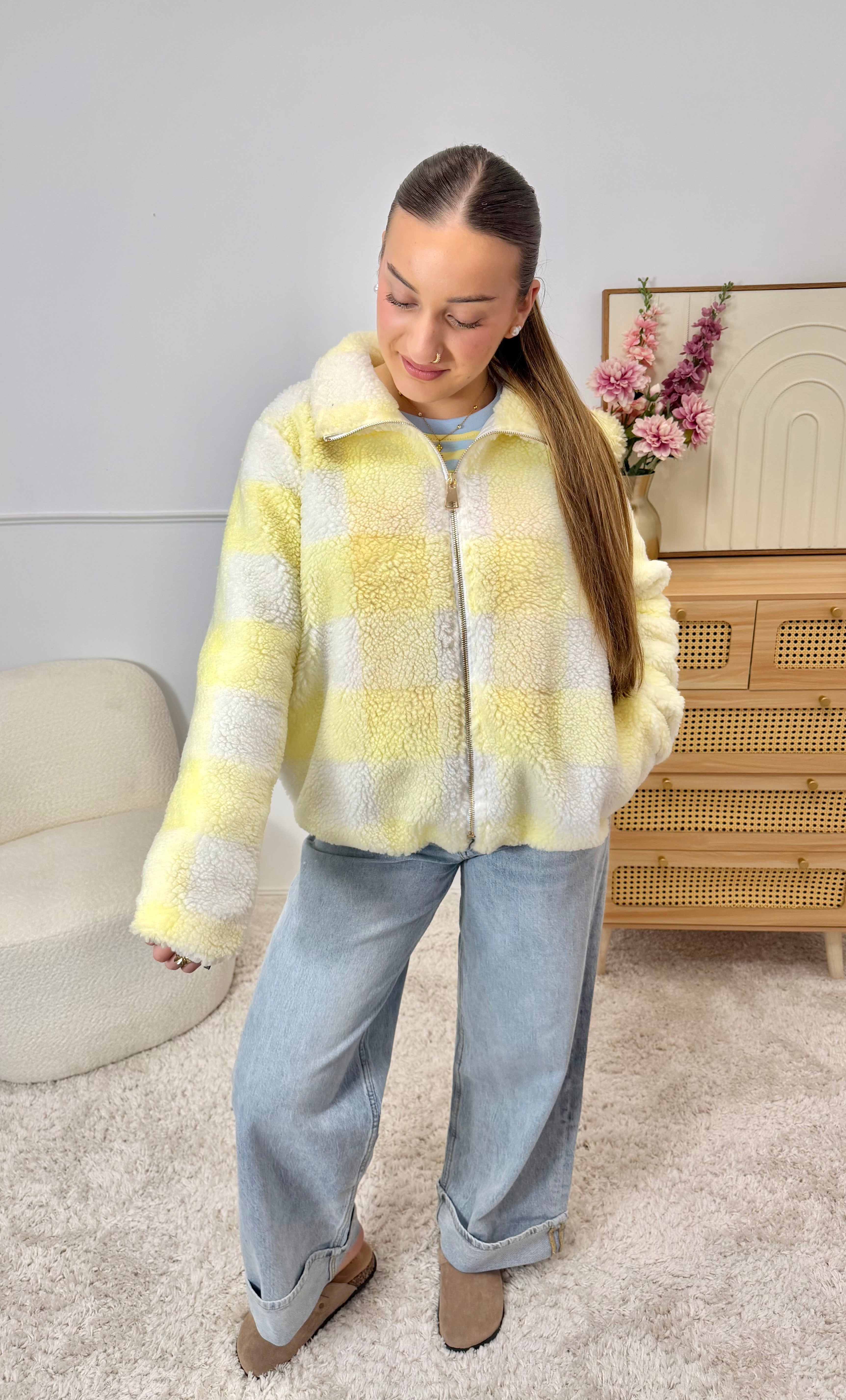 Veste Teddy à Carreaux Jaune