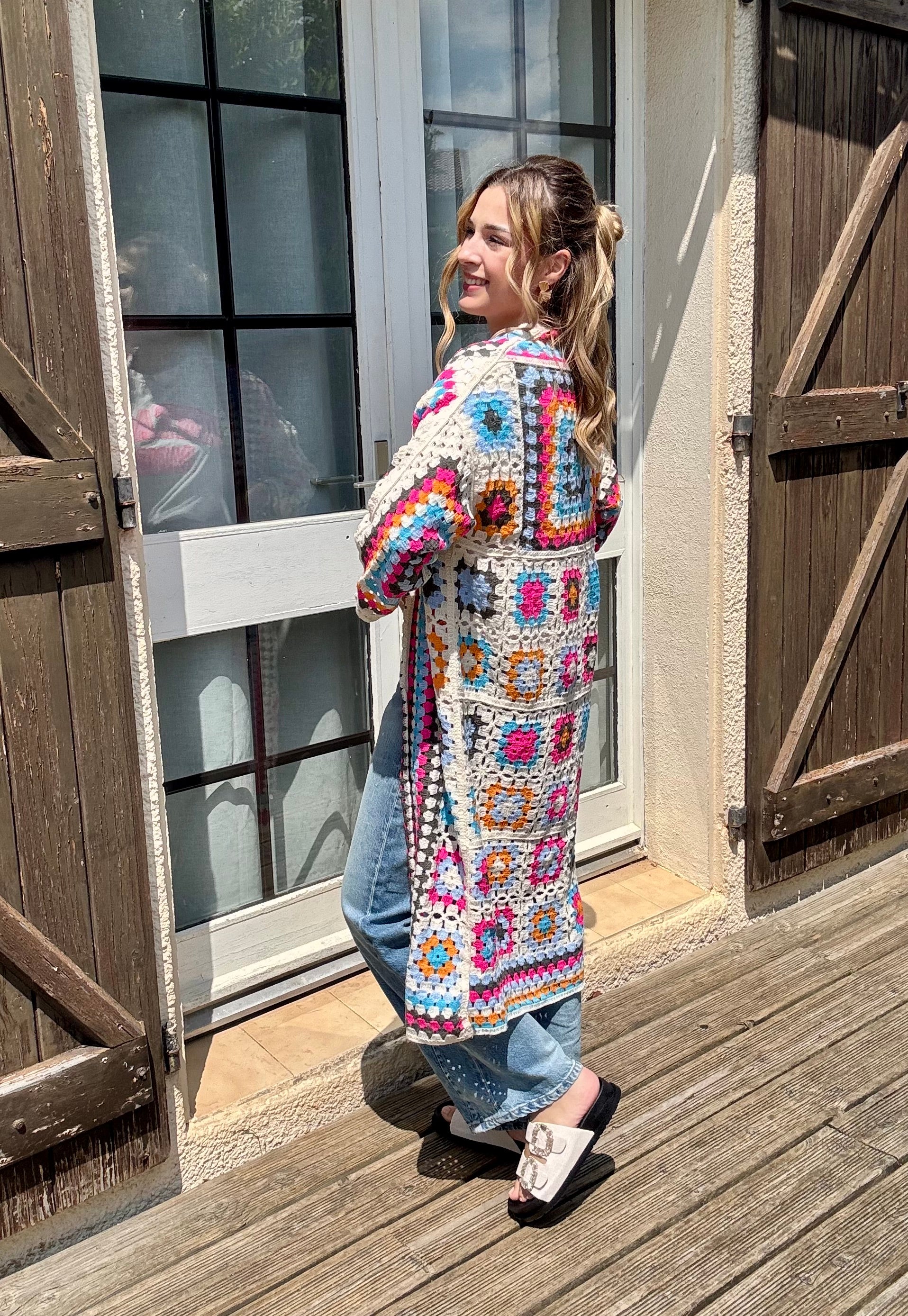 Gilet Long en Crochet Rose