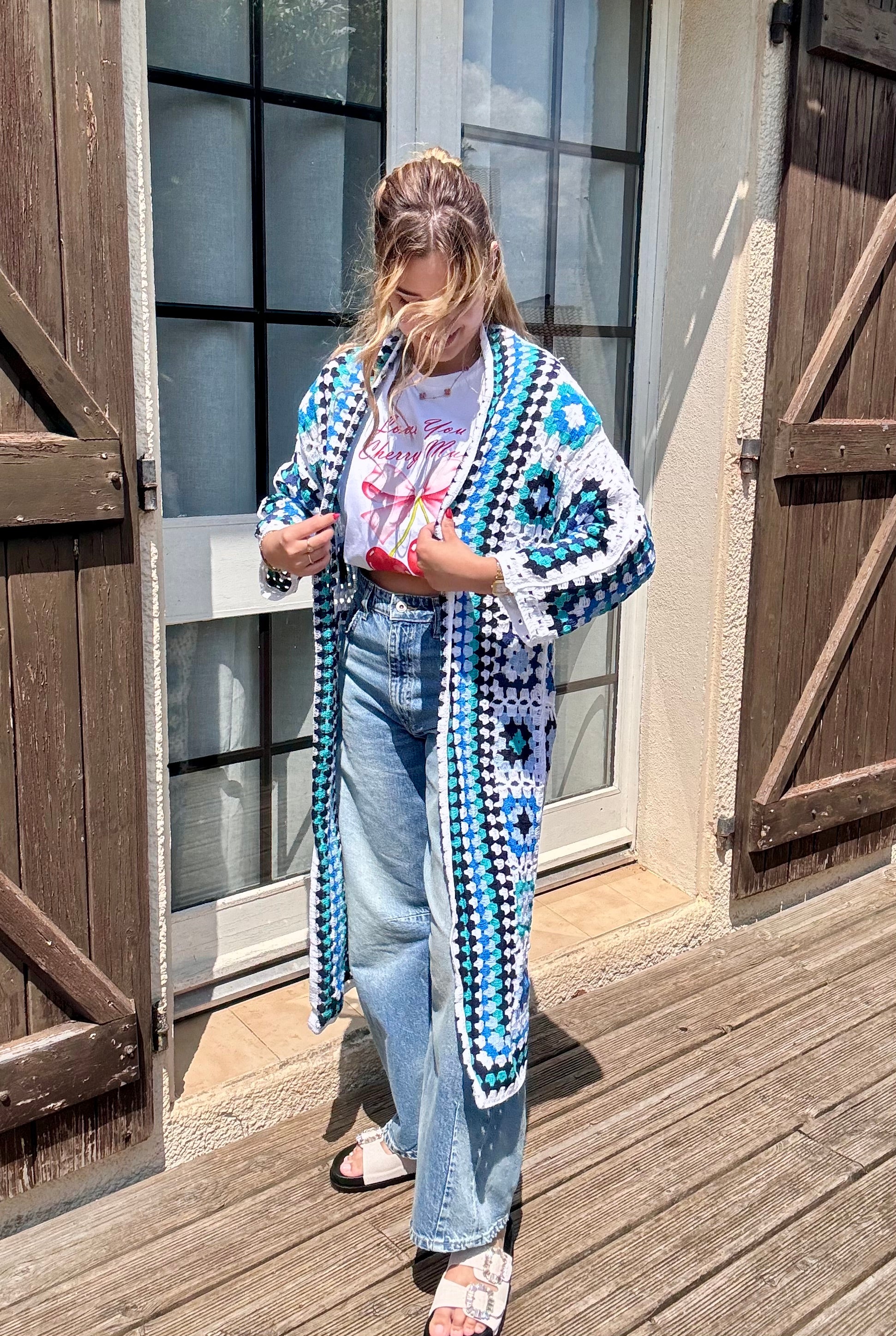 Gilet Long en Crochet Bleu