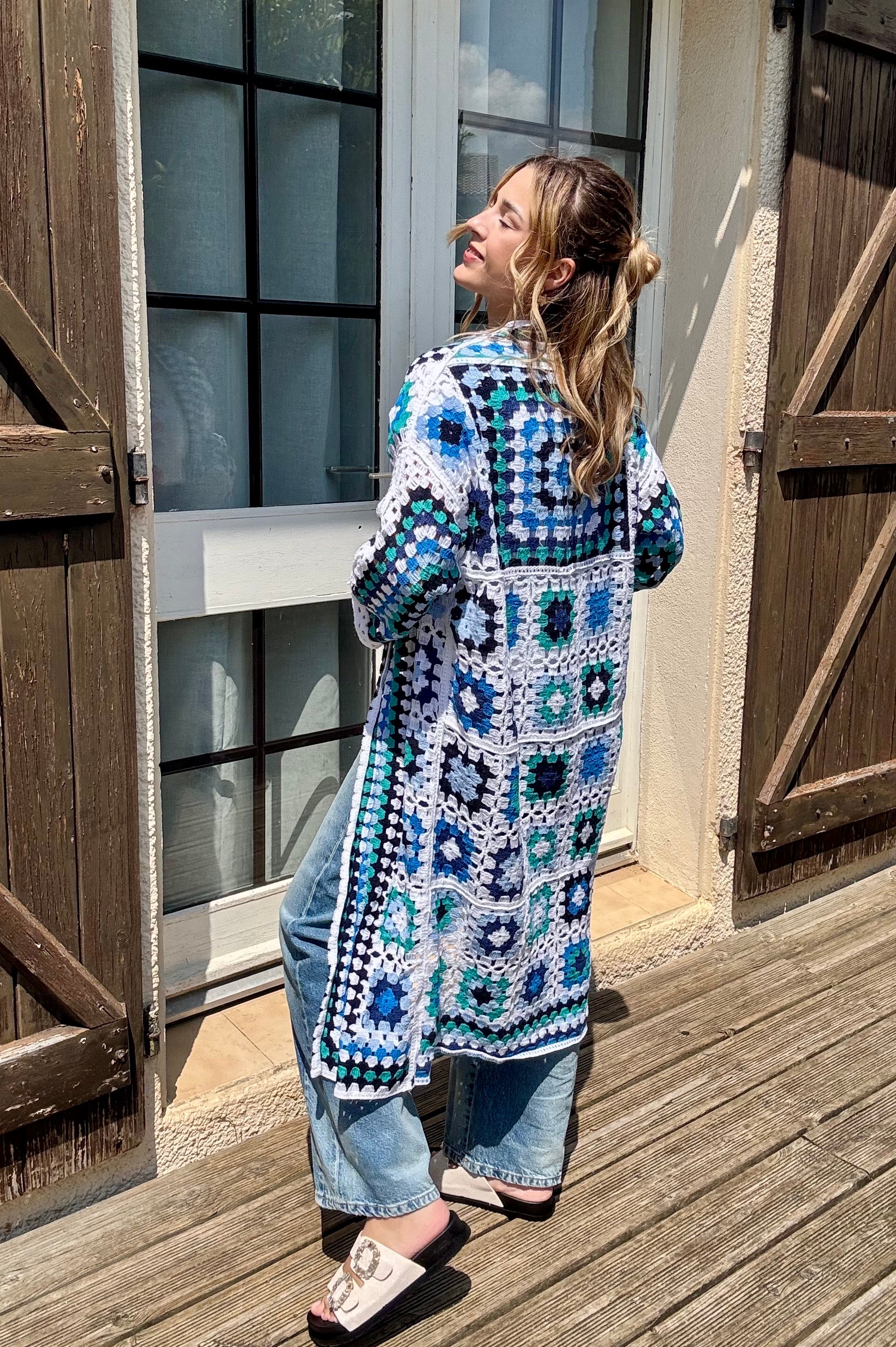Gilet Long en Crochet Bleu