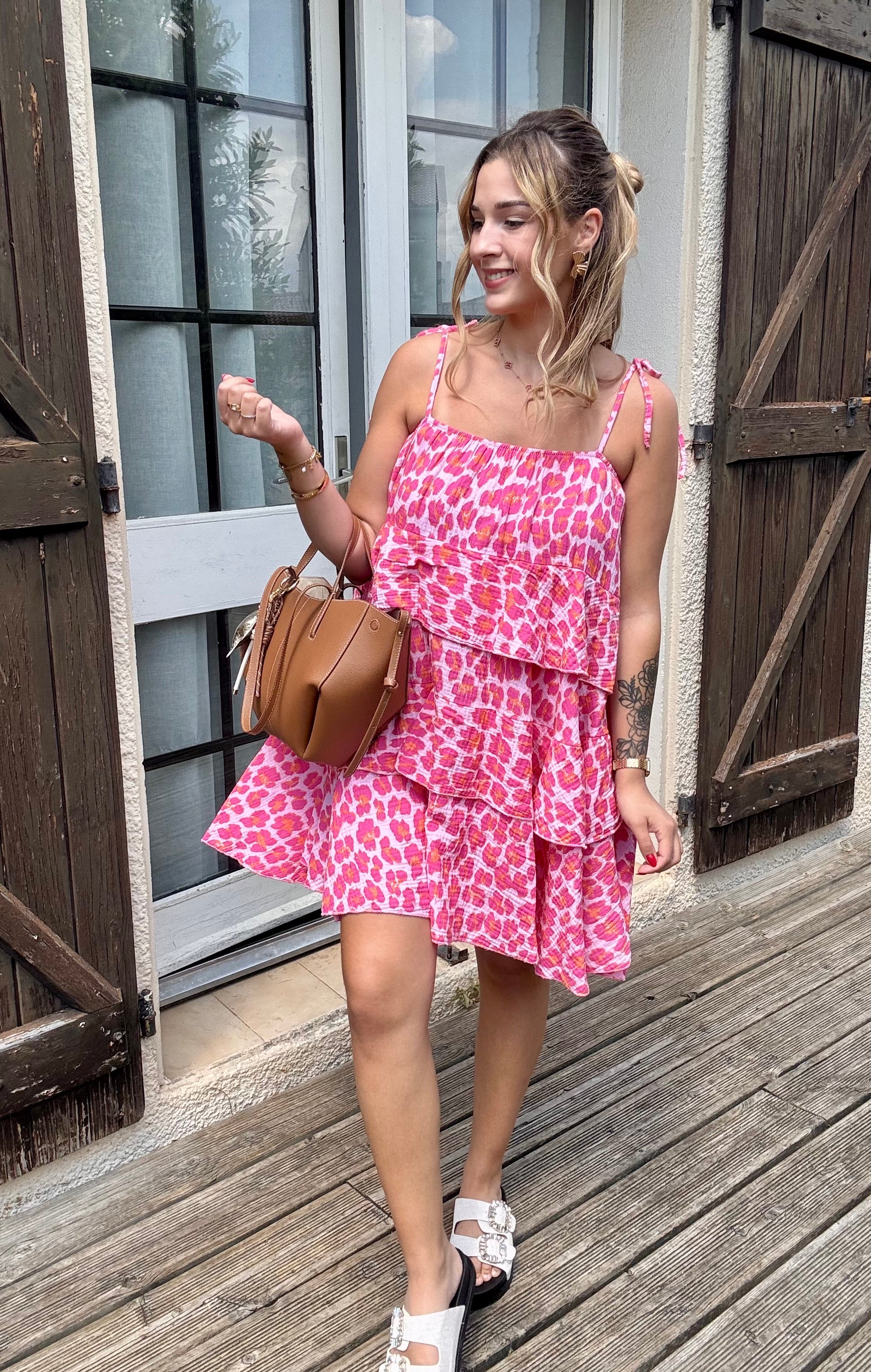 Robe en Gaze de Coton Léopard Rose