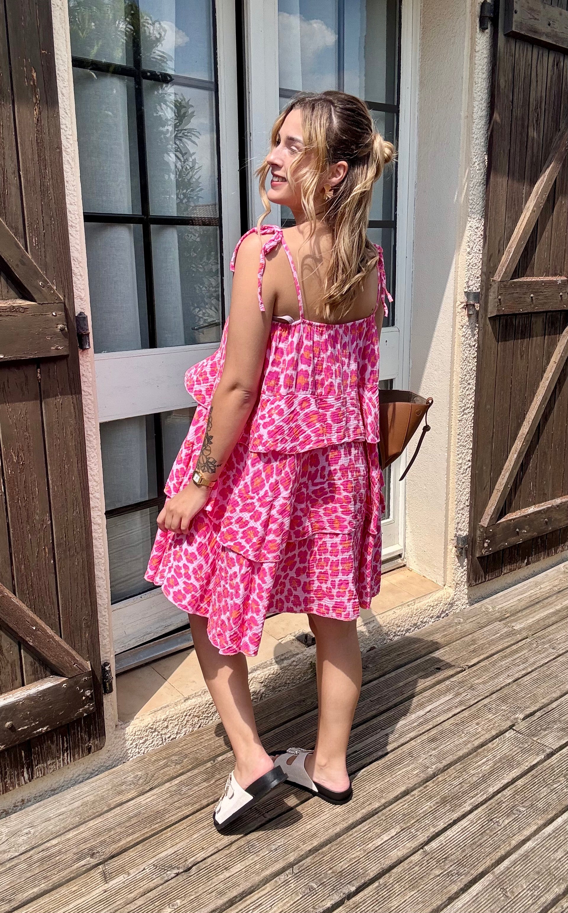 Robe en Gaze de Coton Léopard Rose