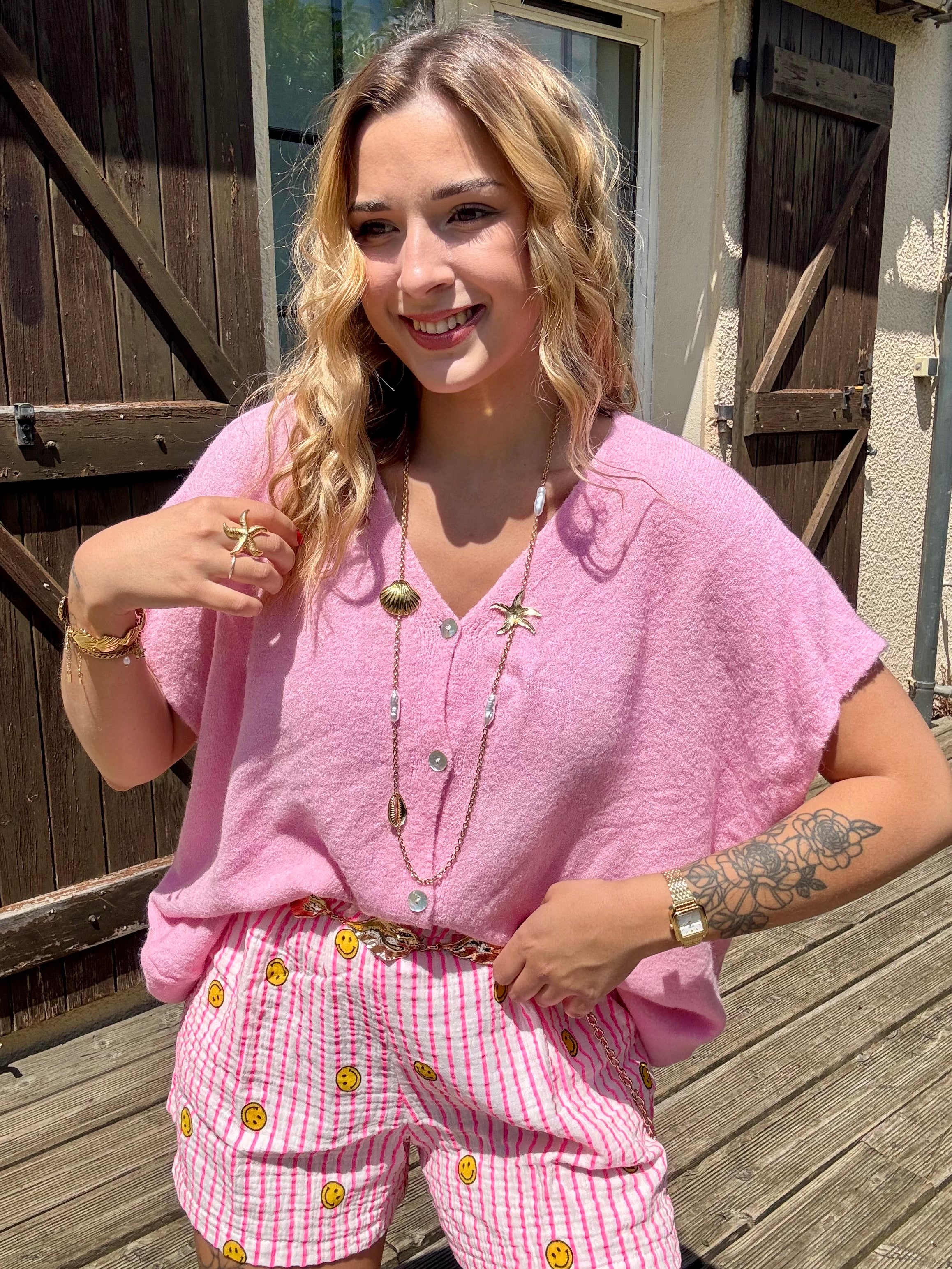 Gilet Manche Courte Rose
