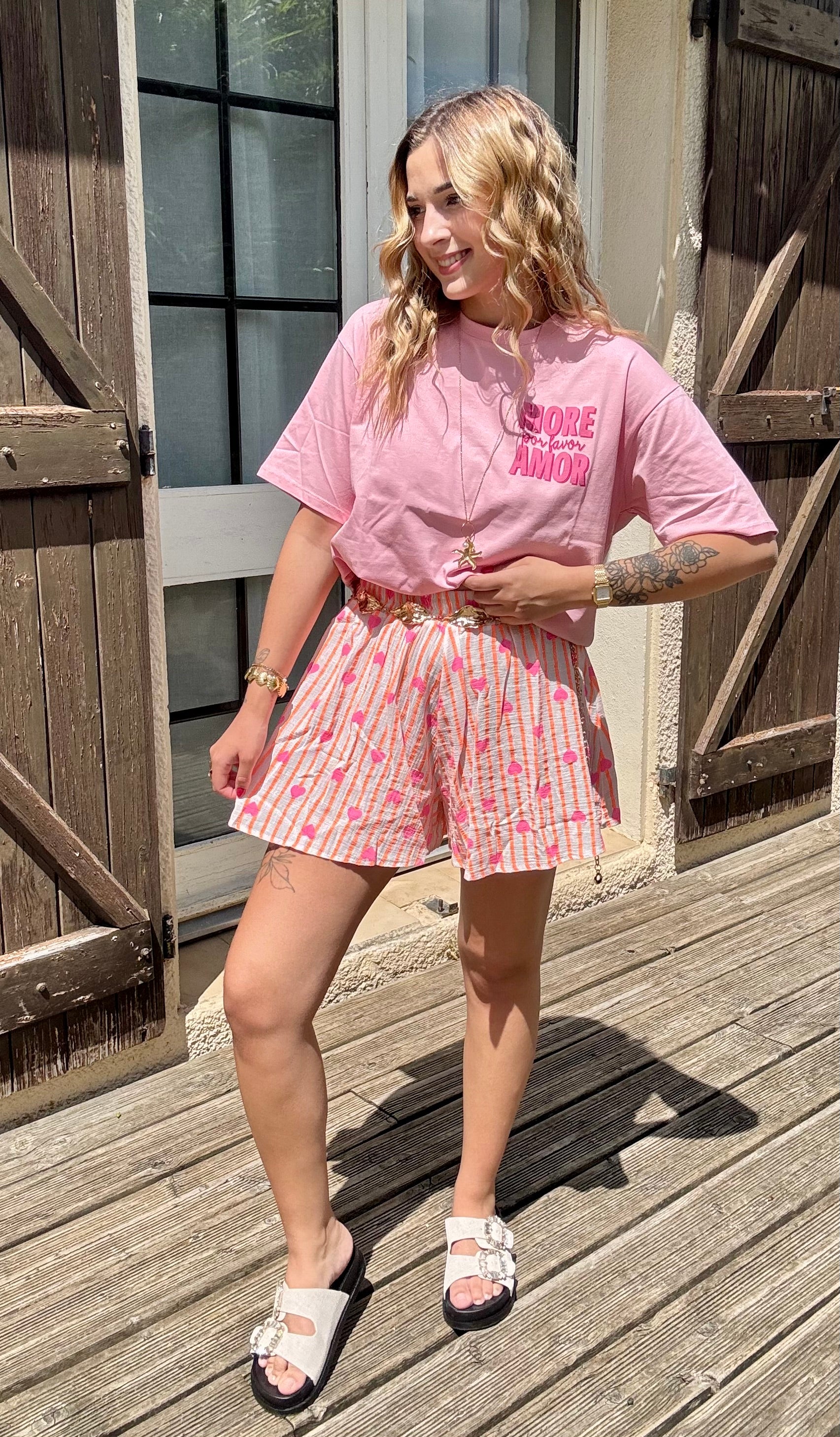Short Rayée Coeur Orange