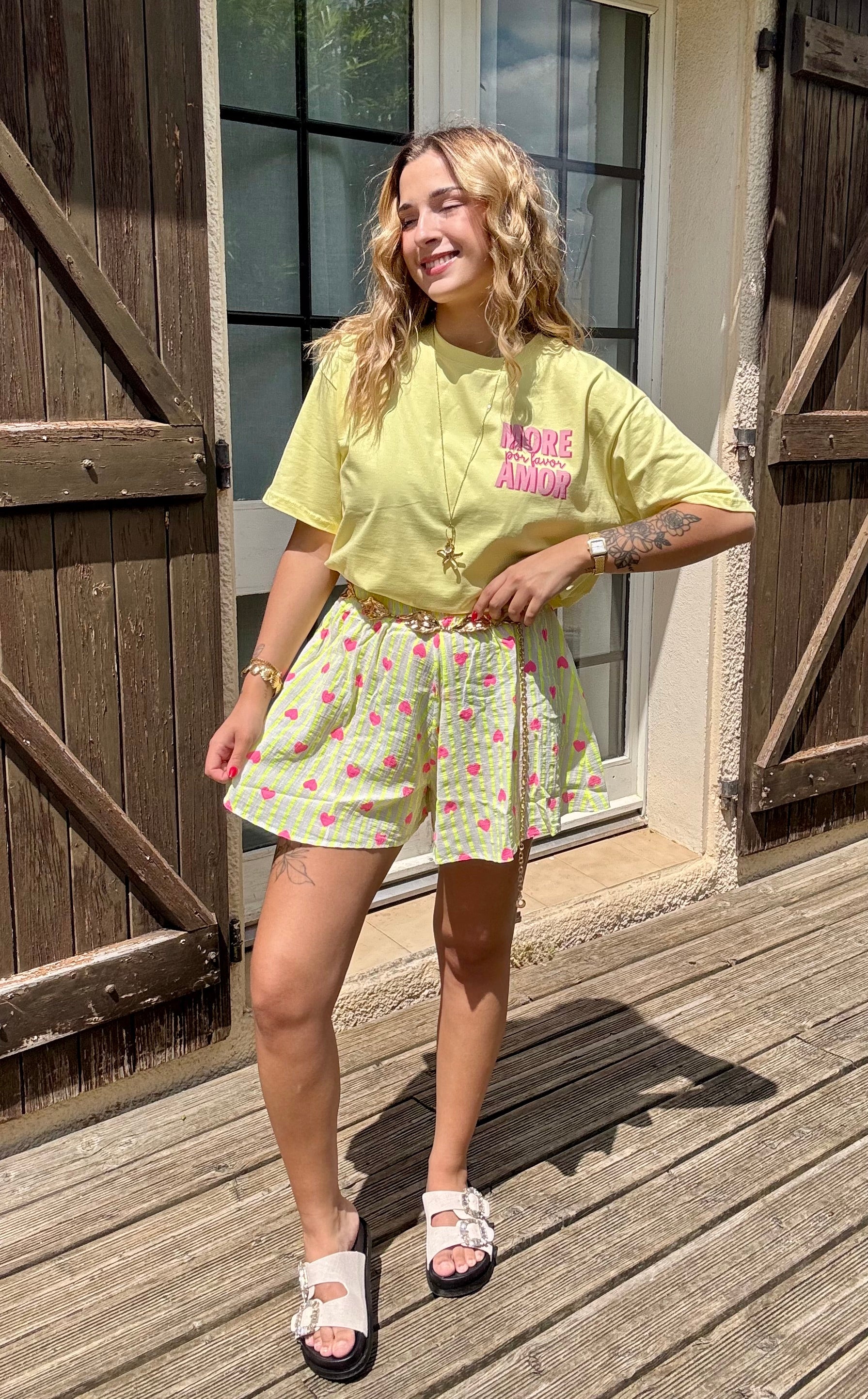 Short Rayée coeur Jaune
