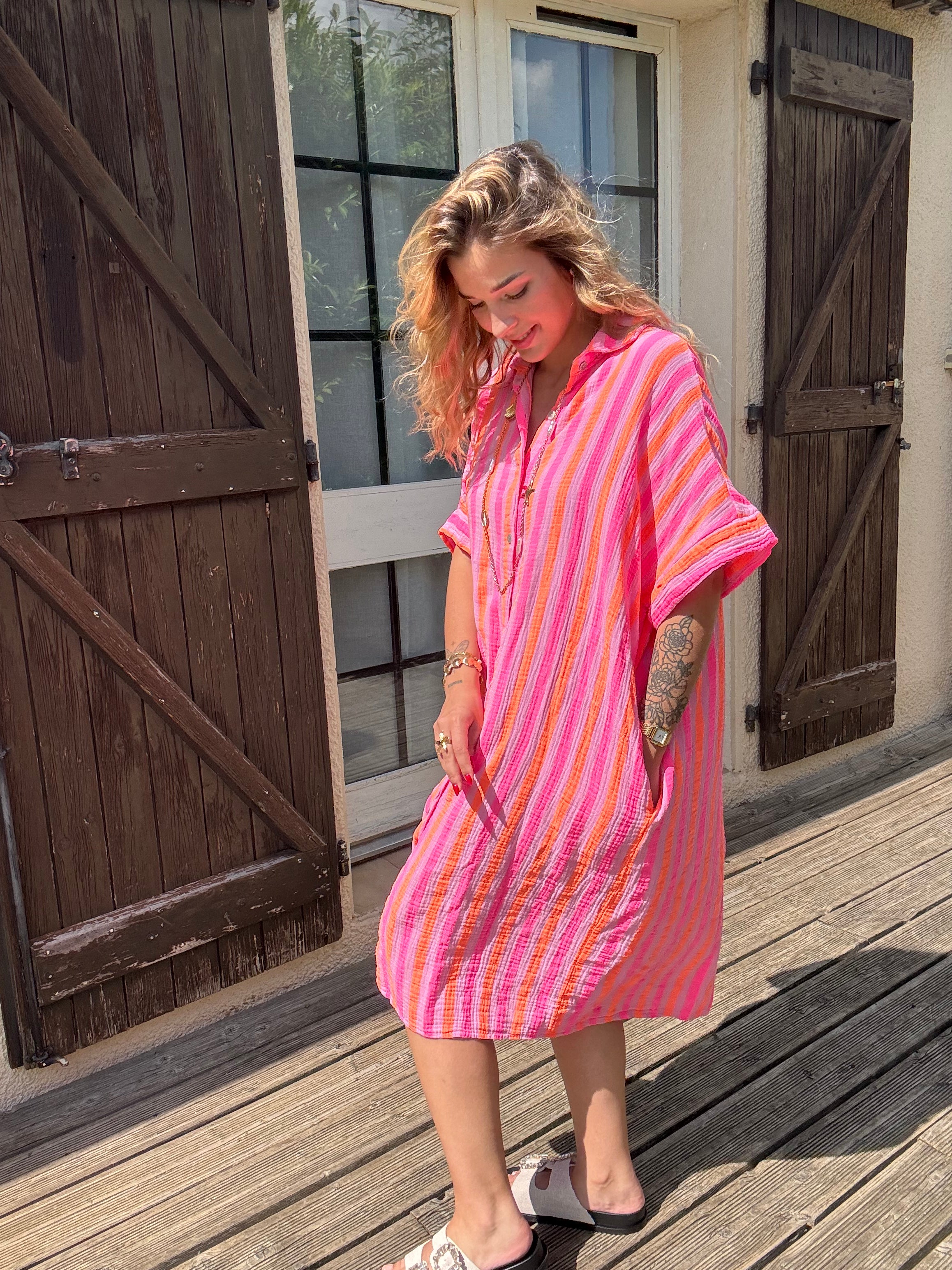 Robe Chemise Rayée Rose