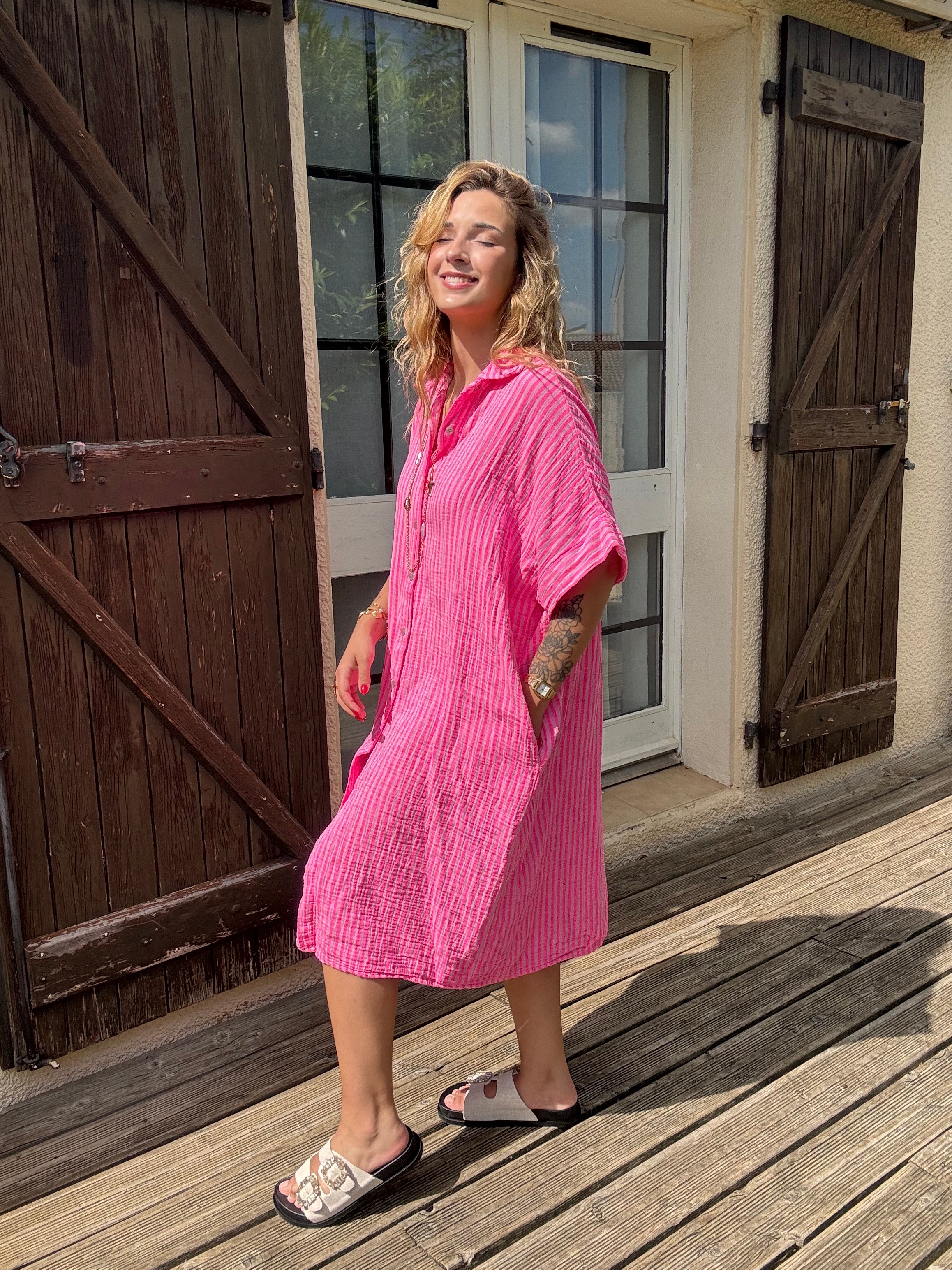 Robe Chemise Rayée Fuchsia
