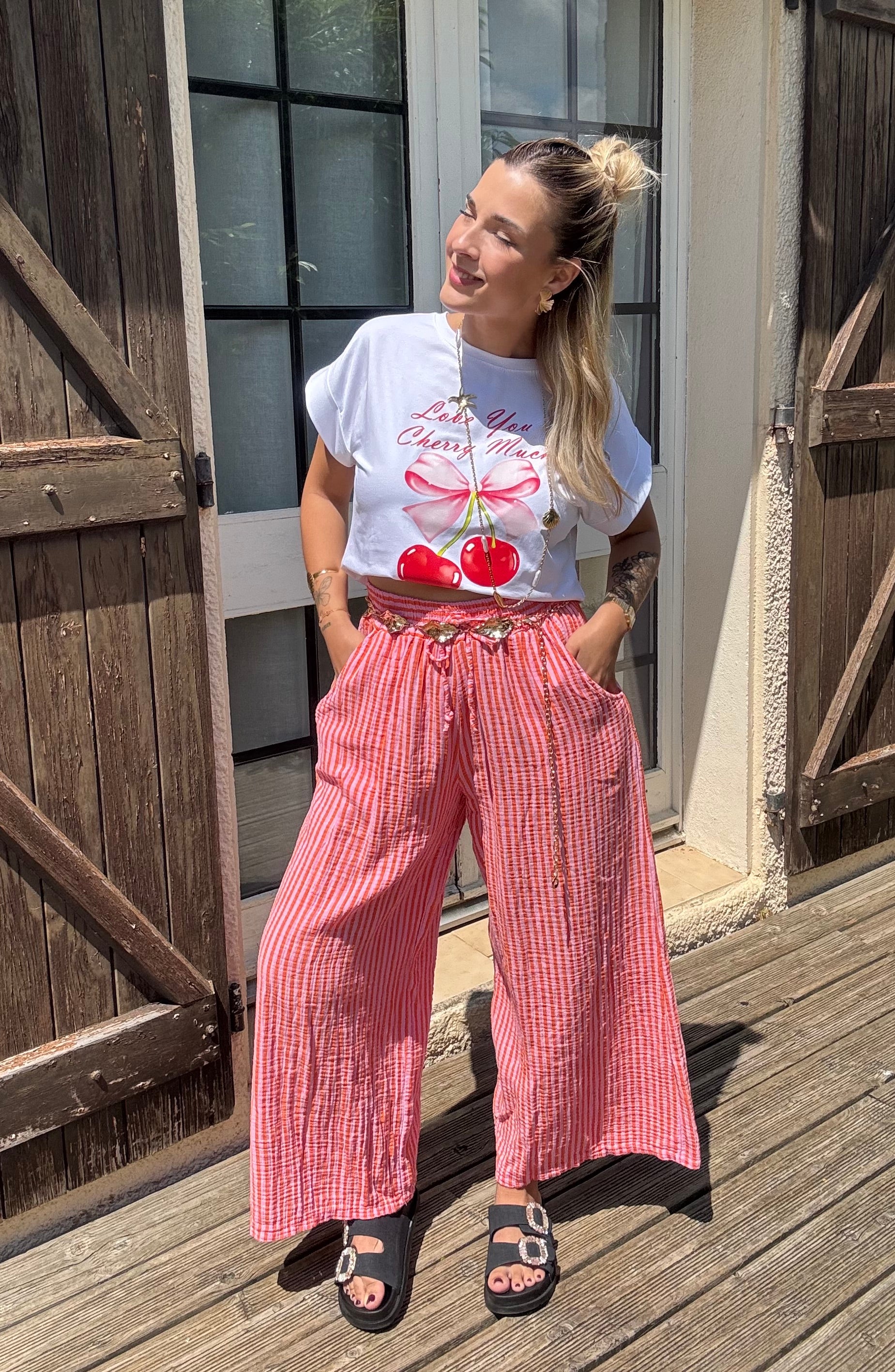 Pantalon Rayé Rose & Orange