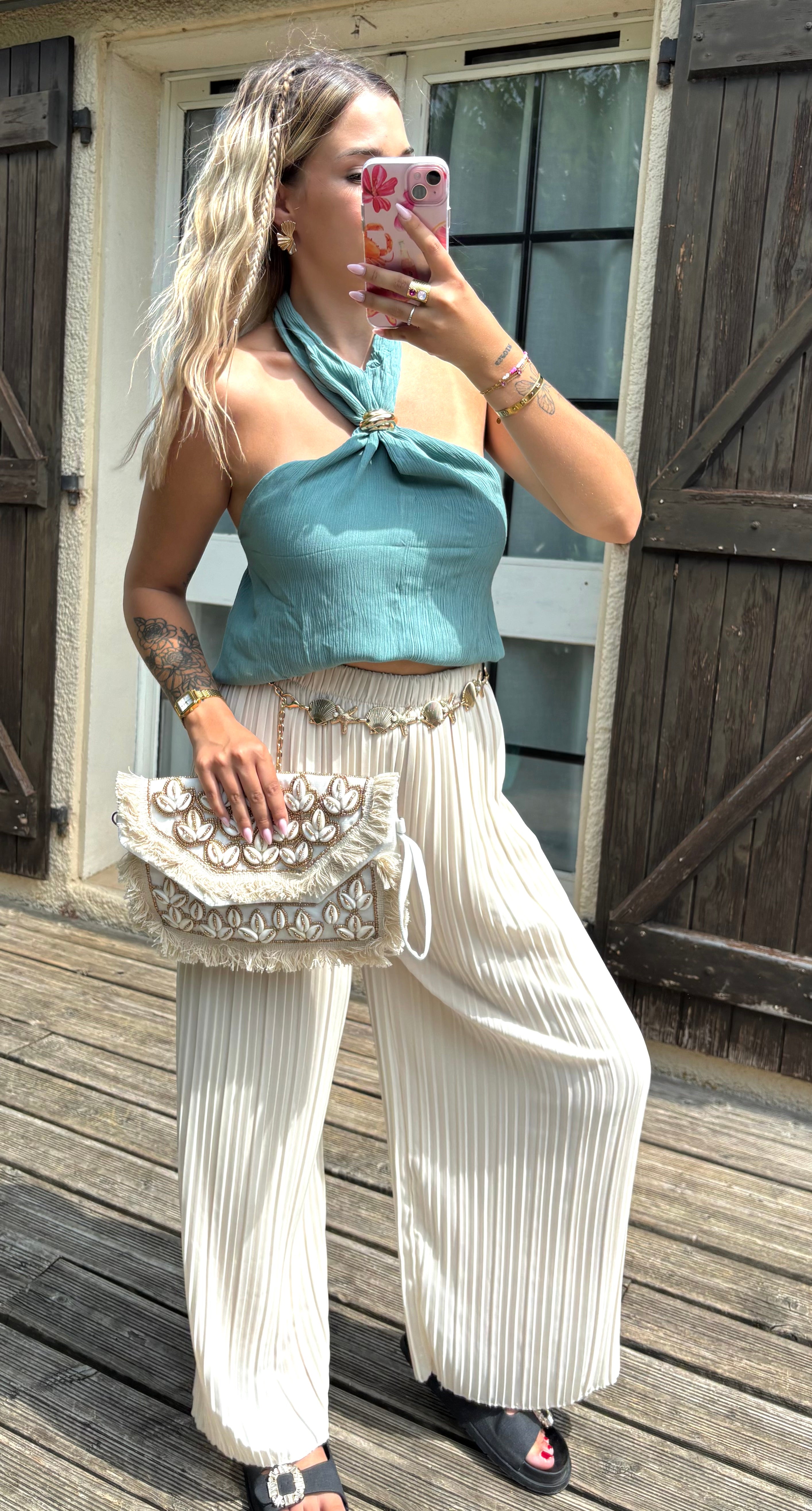 Top Col Bijoux Bleu Canard