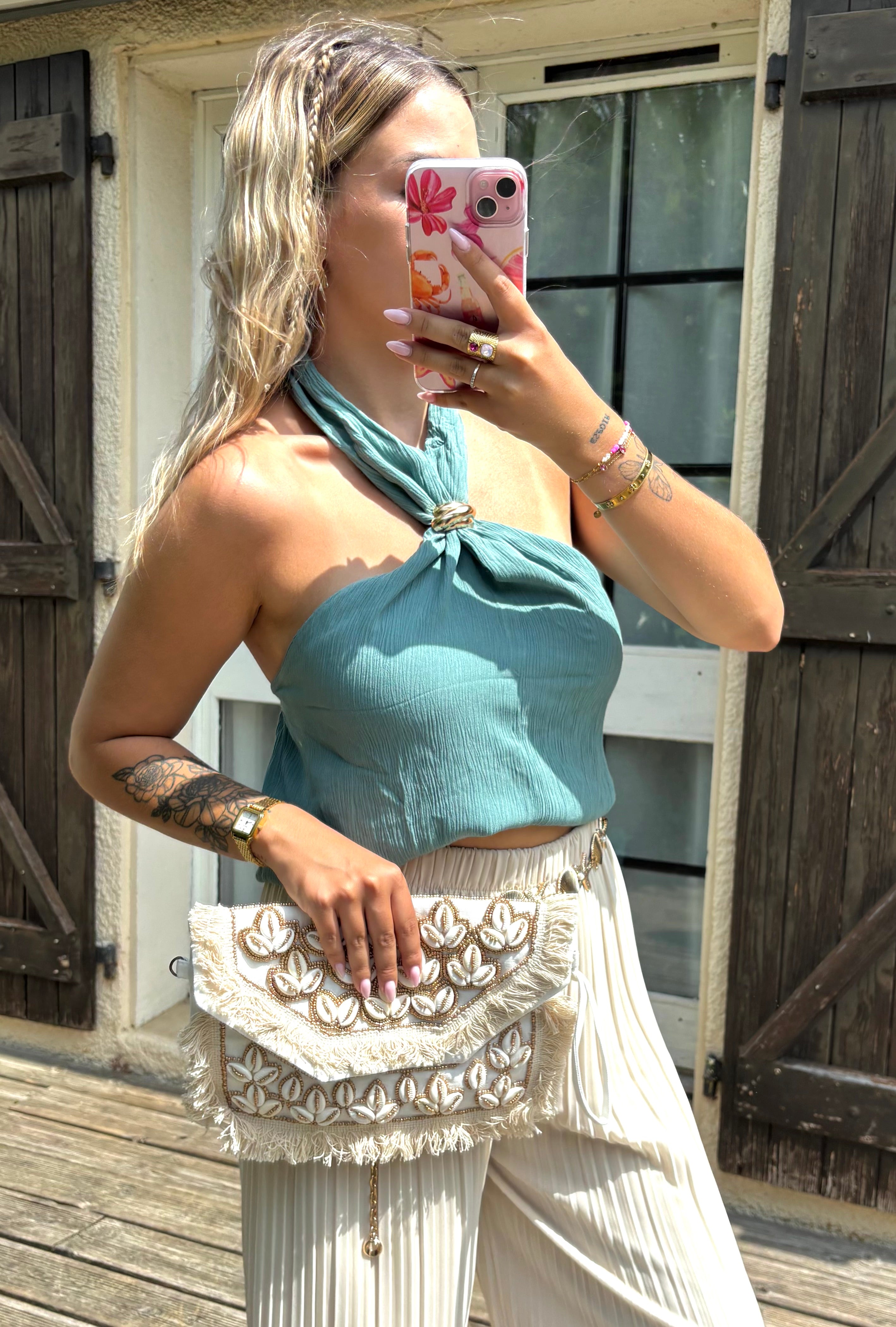 Top Col Bijoux Bleu Canard