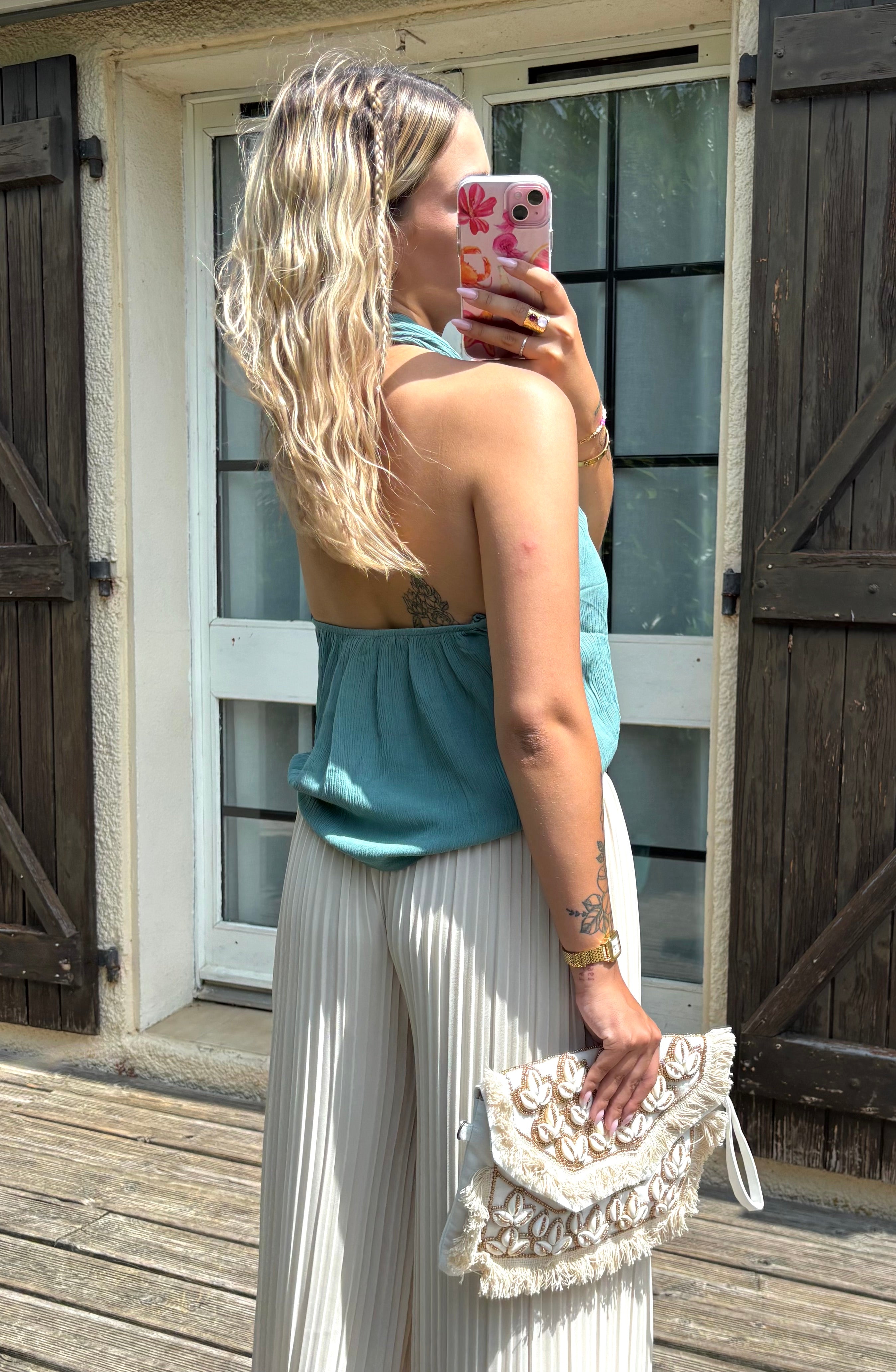 Top Col Bijoux Bleu Canard