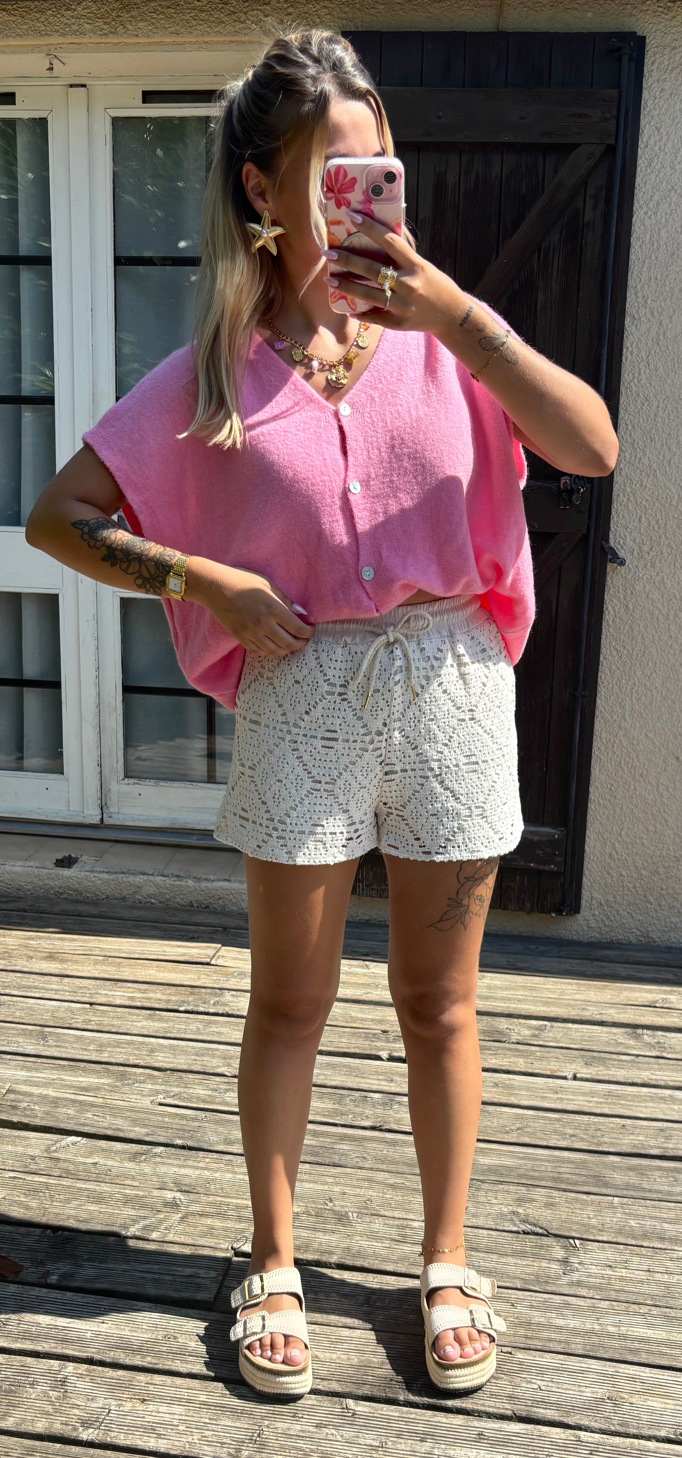 Gilet Manche Courte Rose
