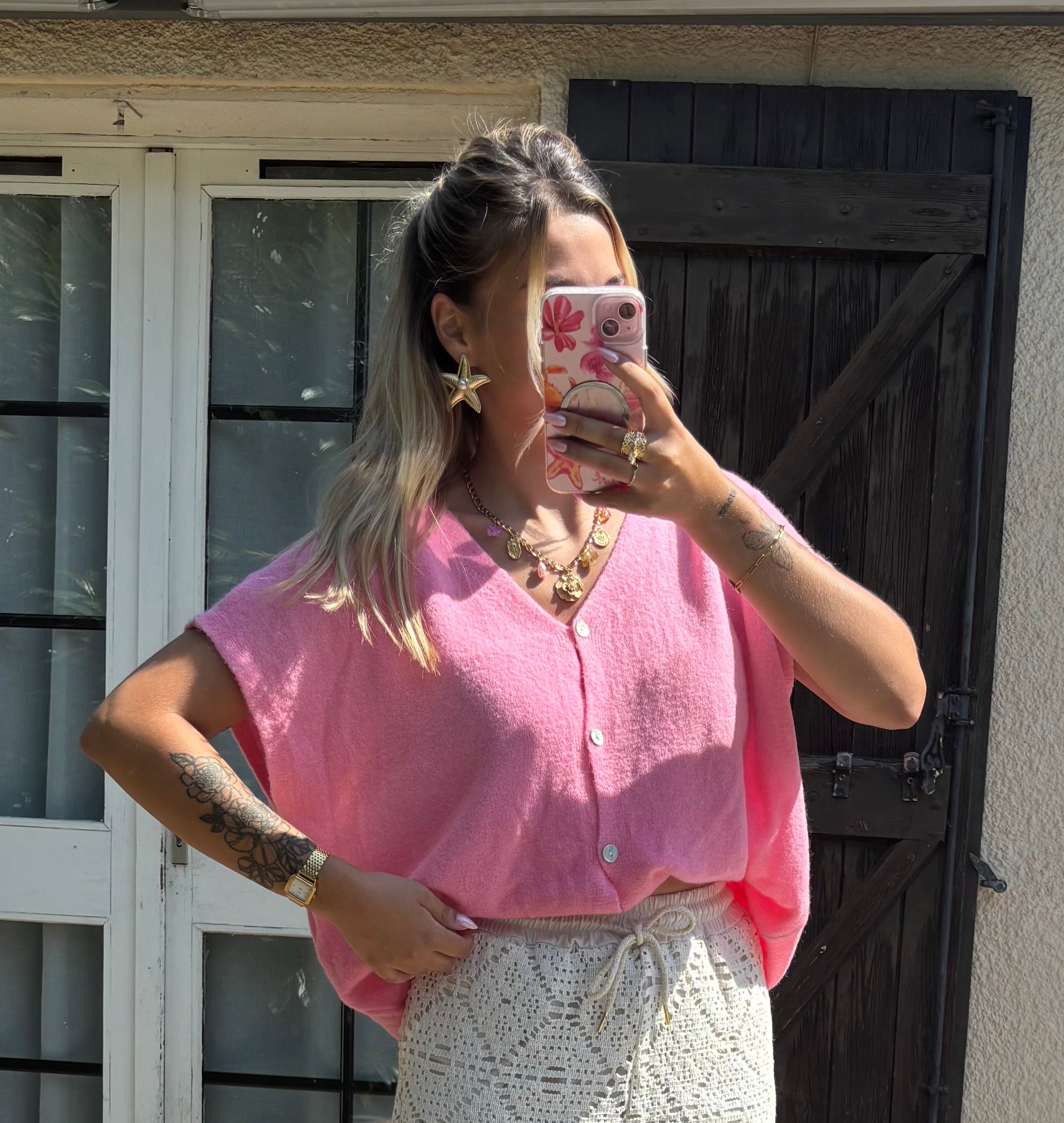 Gilet Manche Courte Rose