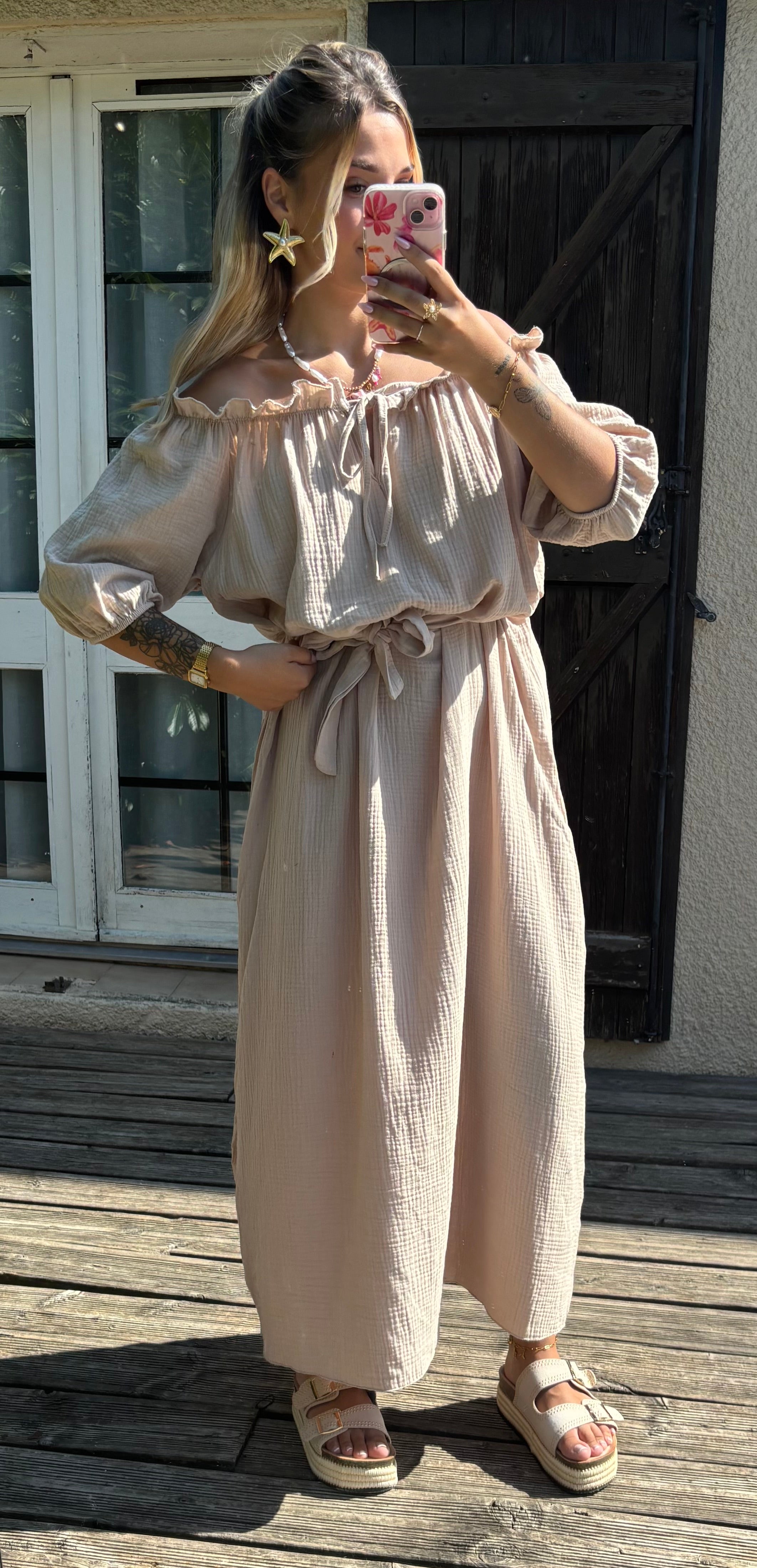 Robe en Gaze de Coton col bardot Beige
