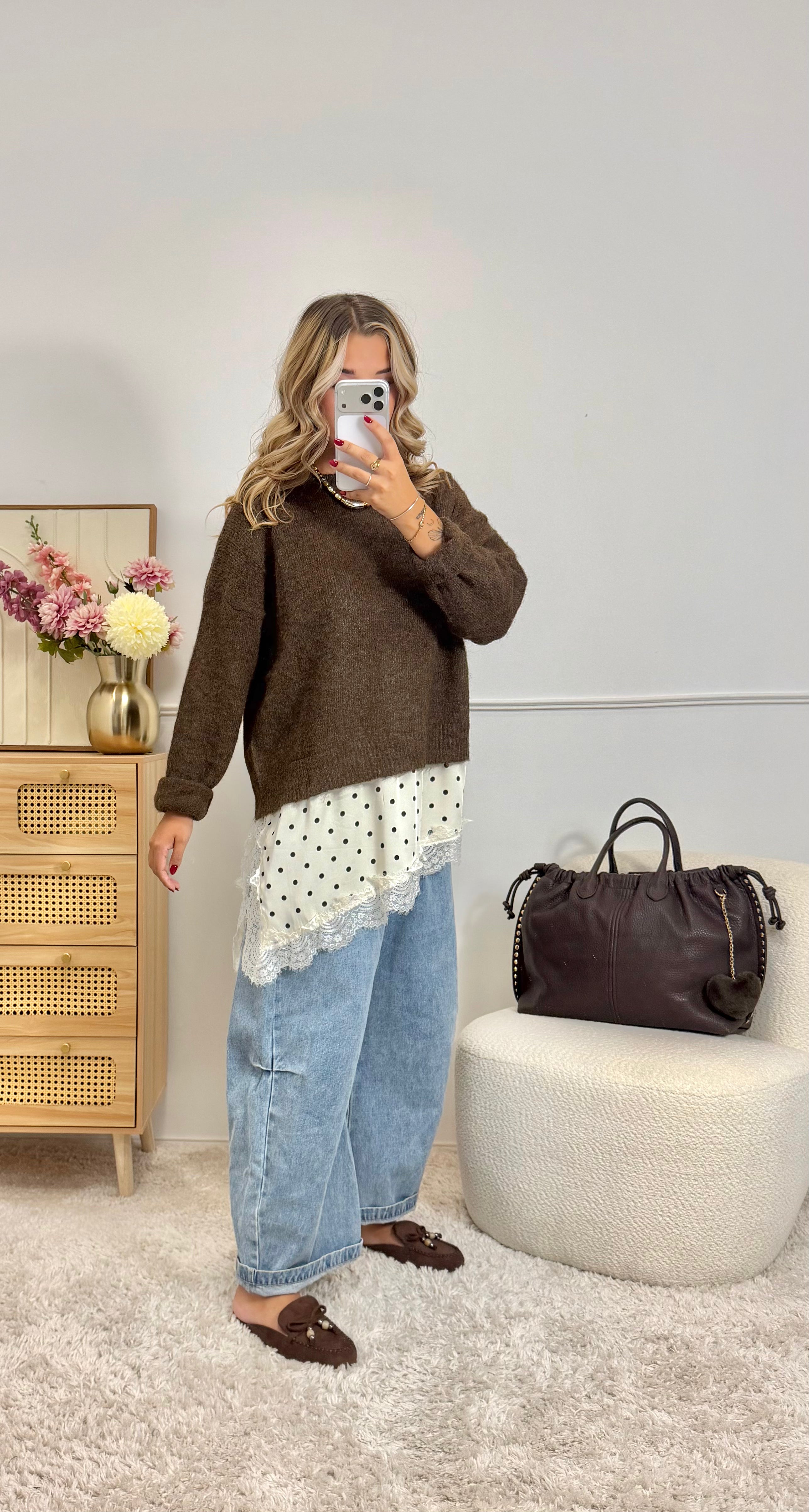 Pull dentelle choco à pois choco